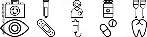 Collection of medical icons including first aid kit test tube nurse pills and eye for healthcare and wellness concepts