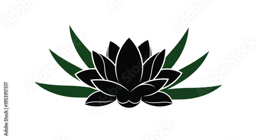 A striking silhouette of a black lotus flower surrounded by vibrant green leaves high quality