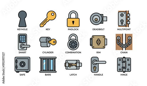 Variety of locks and security mechanisms icons on white background