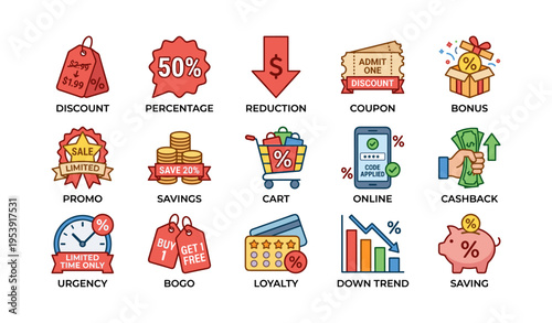 Colorful discount symbols featuring percentage, coupon, and savings elements