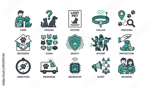 Pet safety and tracking icons: lost pets, recovery, protection, alert systems, microchip technology