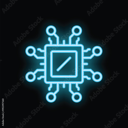 Neon cpu chip glowing on a black background, representing the concept of computing power