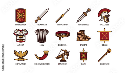 Ancient roman symbols: armor, weapons, and emblems in iconic designs
