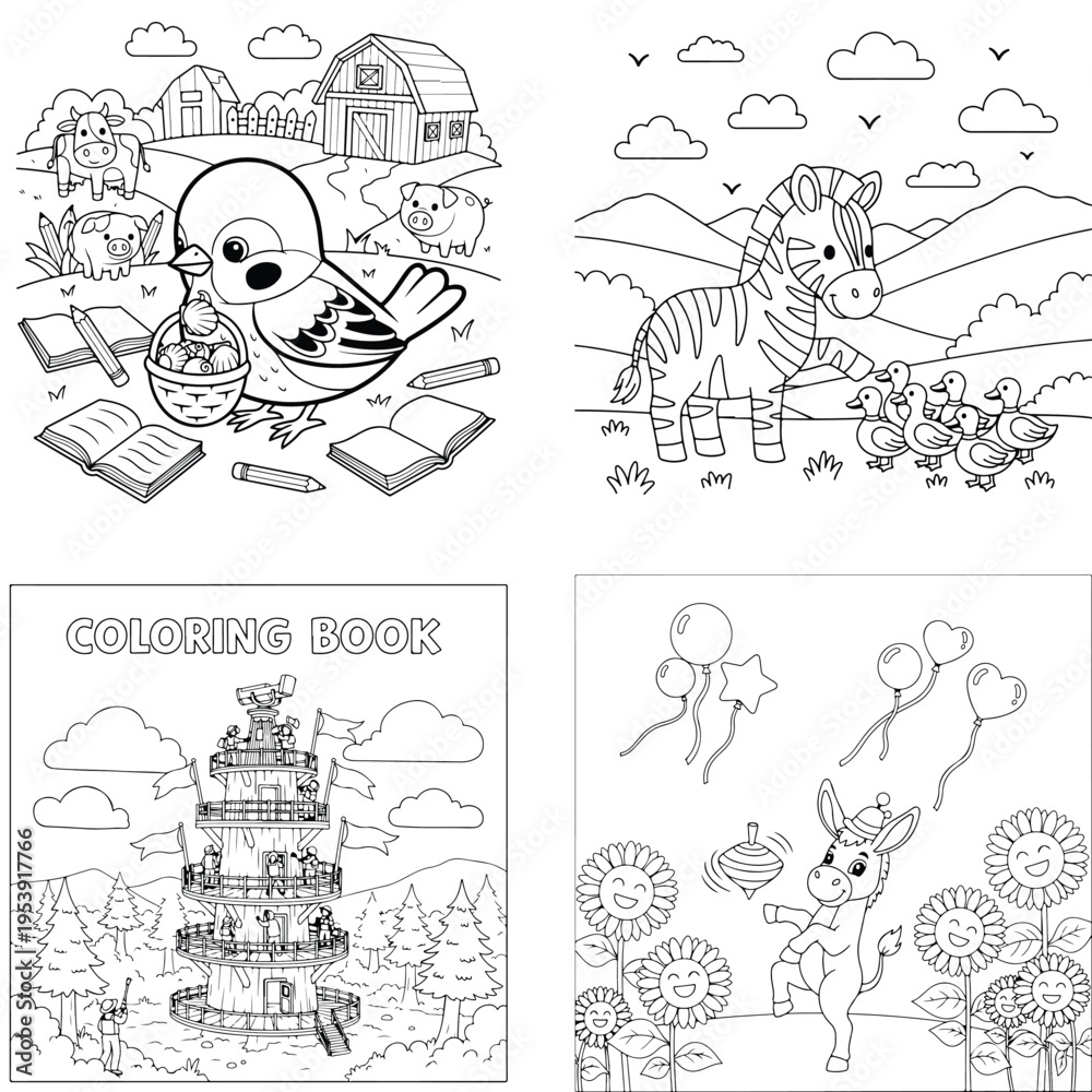 Fototapeta premium Cute cartoon animals and whimsical fantasy scenes for children's coloring book outline collection