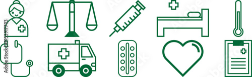 Collection of medical icons including nurse scales syringe bed and stethoscope for healthcare and wellness concepts flat design vector elements