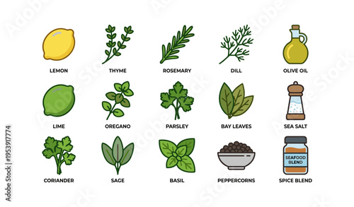 Illustrated herb and spice collection with lemons and olive oil