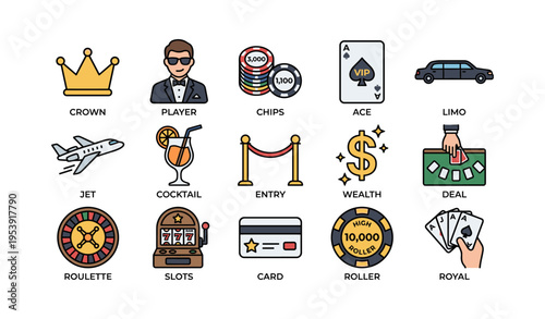 Casino icons collection featuring player chips cards and luxury elements