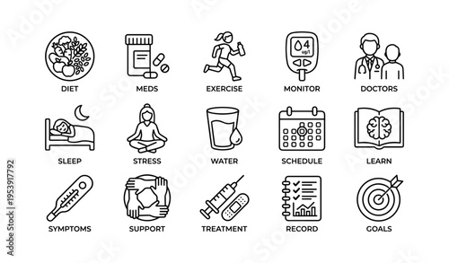 Health and wellness icons illustrate diet, exercise, hydration, and more for lifestyle management