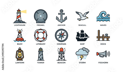 Nautical icons collection featuring lighthouse, anchor, seagull, compass, ship, and waves