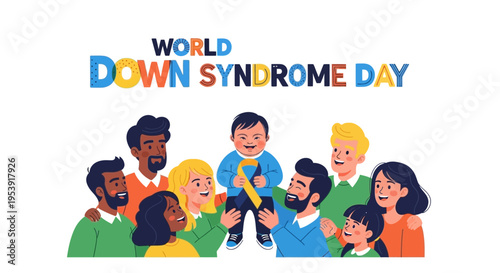Illustration of diverse people supporting World Down Syndrome Day with colorful design elements against a white background.