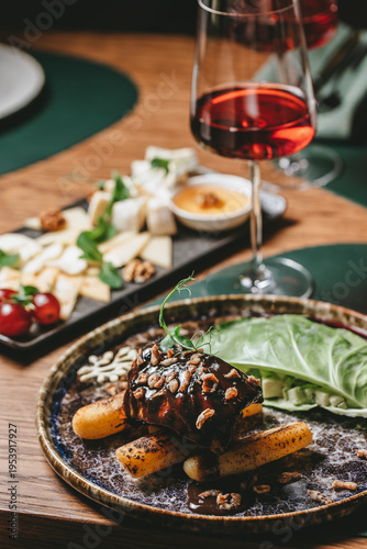 Obraz na plátně Luxury restaurant composition with meat dish, red wine and cheese platter