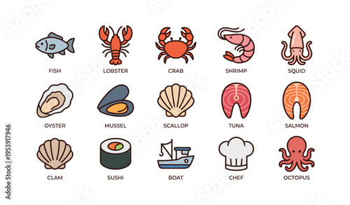 Colorful seafood icons featuring fish, lobster, crab, and more in graphic style