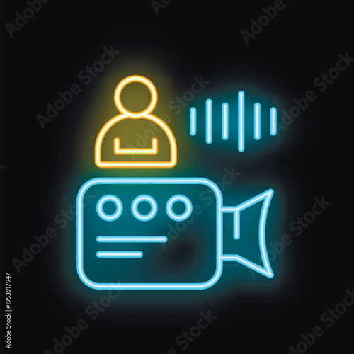 Neon icon of a video camera recording a person speaking, representing video recording, video call or content creation