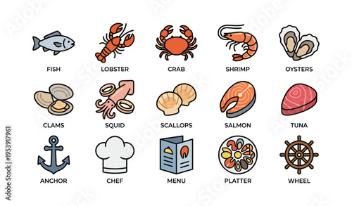 Seafood variety and cooking icons: fish, lobster, crab, shrimp, oysters, and more