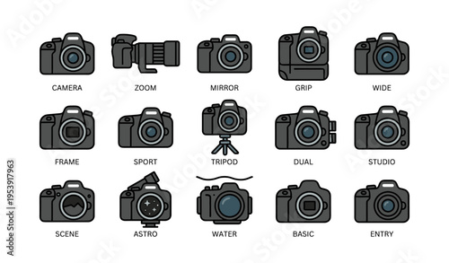 Camera icons set featuring various types and styles for photography enthusiasts