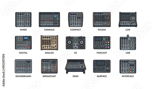 Variety of audio mixers and consoles for studio and live sound production