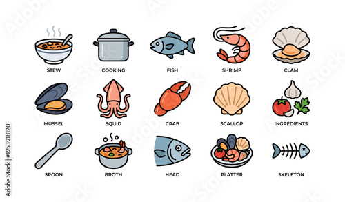 Seafood icons set: clam, shrimp, fish, crab, scallop, cooking pot, ingredients