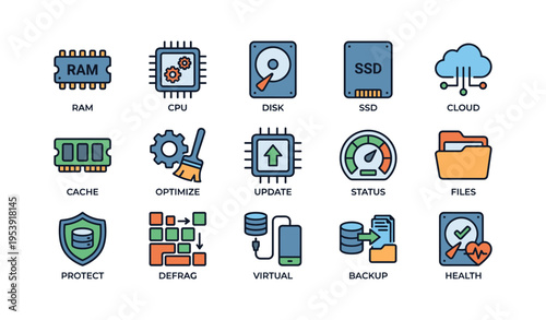 Computer technology icons: ram, cpu, disk, ssd, cloud, cache, optimize, update, status