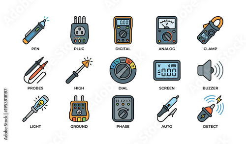 Electrical tools and instruments set with icons for measurement and testing