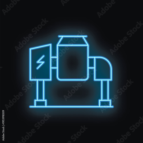 Neon blue icon of an electric car charging station glowing on a black background
