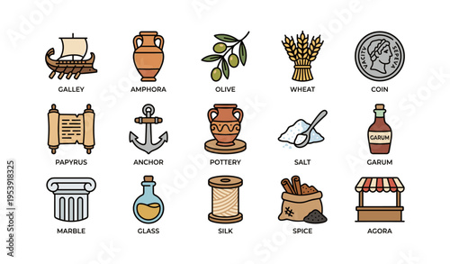 Ancient mediterranean icons: olive, amphora, wheat, galley, coin, silk, papyrus, agora