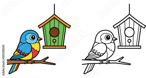Cute Cartoon Bird Sitting on a Branch near a Birdhouse Coloring Page and Colored Vector Illustration for Kids Education and Activity Book Design