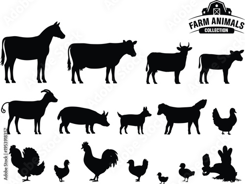 Farm animal silhouettes collection, black livestock and poultry set, cow horse goat pig chicken vector illustration, rural agriculture theme, isolated minimal design icons