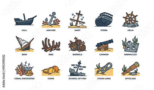 Nautical icons: ship parts, sea life, and ocean treasures collection