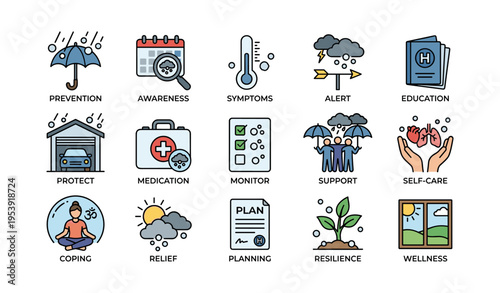 Weather preparedness icons for health and safety education and awareness