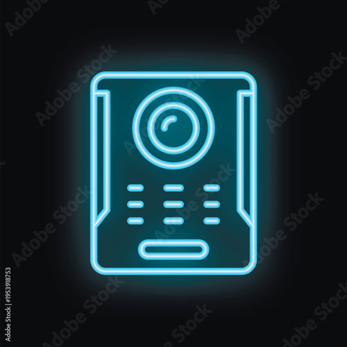 Blue neon intercom icon glowing on dark background representing communication and security