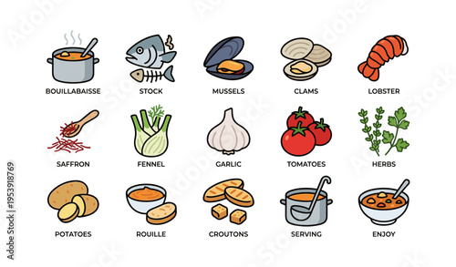 Ingredients for bouillabaisse soup with seafood and vegetables illustrated