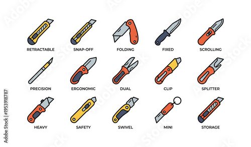 Various types of utility knives icons featuring different blade designs