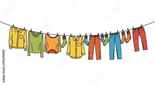 Colorful clothes hanging on a clothesline illustration
