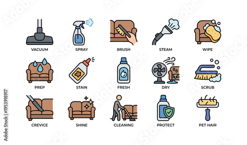 Home upholstery cleaning icons: vacuum, spray, brush, steam, wipe, prep, stain, fresh, dry, scrub