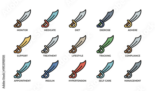 Stylized swords representing healthcare concepts with bright colors and labels