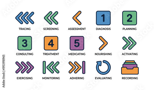 Colorful icons representing various medical and health processes