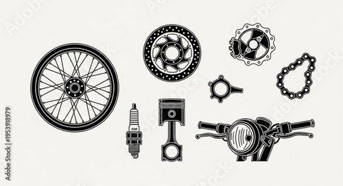 Detailed Motorcycle Parts Illustration - Wheel, Gears, Piston, and Handlebars.