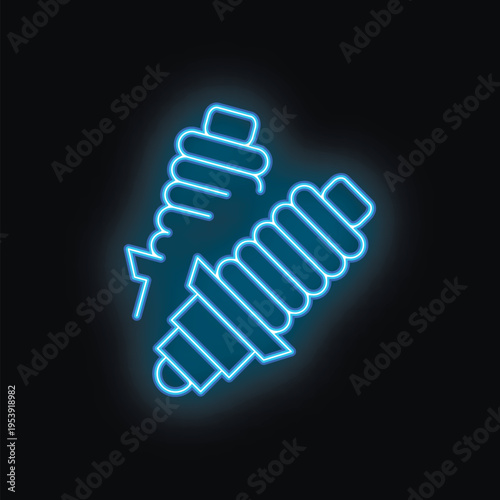 Neon sign illustrating two spark plugs making an electric spark, perfect for any project needing a bright, eye catching representation of car parts