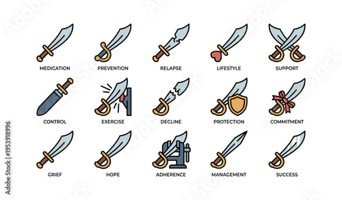 Cartoon sword icons representing medication, prevention, support, and success