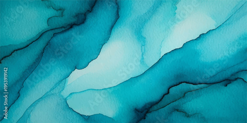 A watercolor abstract of blue paint on a wall creates a wet texture resembling a clear ocean surface or a nature map of Europe with waves and clouds