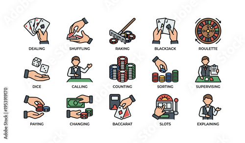 Casino game icons collection featuring cards, chips, and table activities