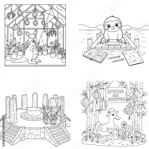Playful kangaroo in greenhouse, penguin at desk, and elaborate nature scenes coloring art for kids