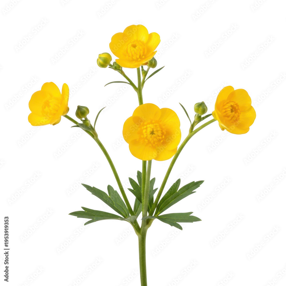 Obraz premium A vibrant yellow flower with five petals and a green stem and leaves isolated on transparent background