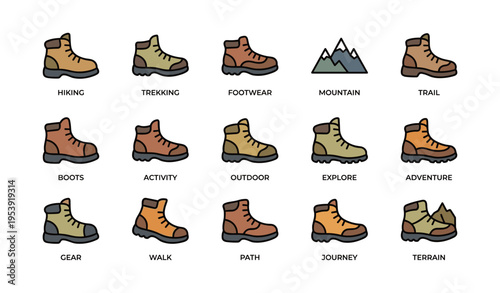 Hiking and trekking boots icon set featuring outdoor and adventure themes