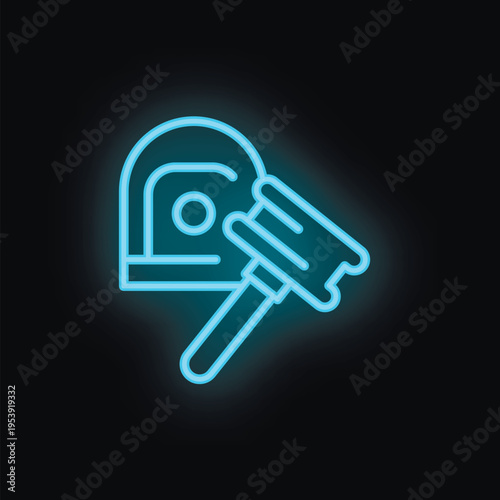 Neon blue icon of a gavel striking an auction block symbolizing a law concept