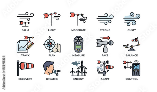Wind speed and direction icons for weather tracking and analysis