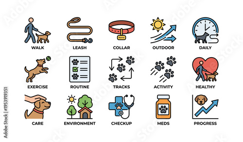 Pet care icons set illustrating dog walking, health, and routine activities