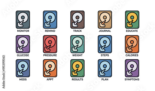 Health management icons for monitoring glucose, blood pressure, weight, and fitness tracking