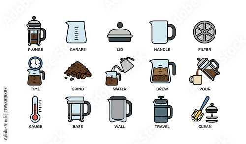 Coffee brewing tools: french press, grinder, carafe, pour, filter, timer, travel mug