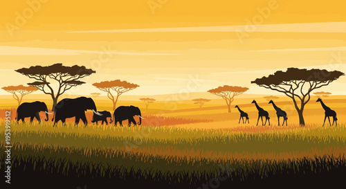 Elephants and Giraffes in Savannah Landscape.
